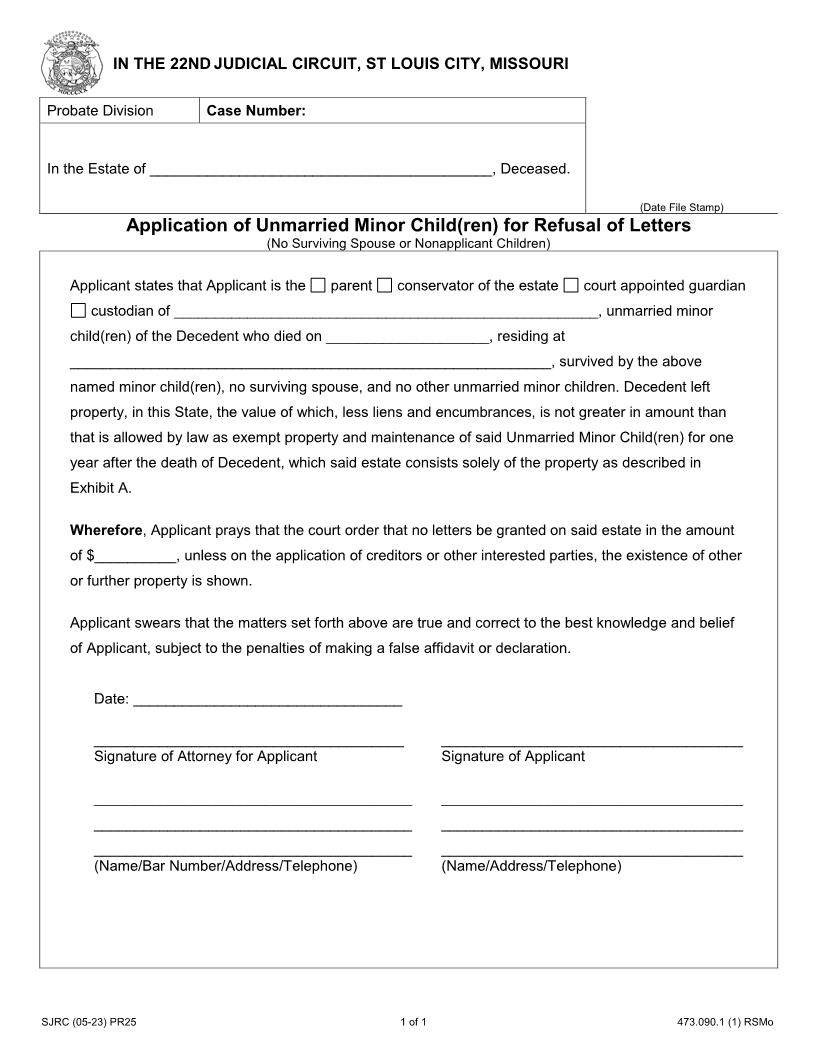Application Of Unmarried Minor Children For Refusal Of Letters | Pdf Fpdf Docx | Missouri