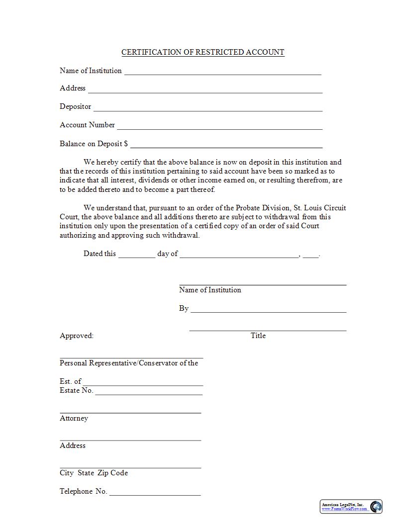 Certification Of Restricted Account | Pdf Fpdf Docx | Missouri