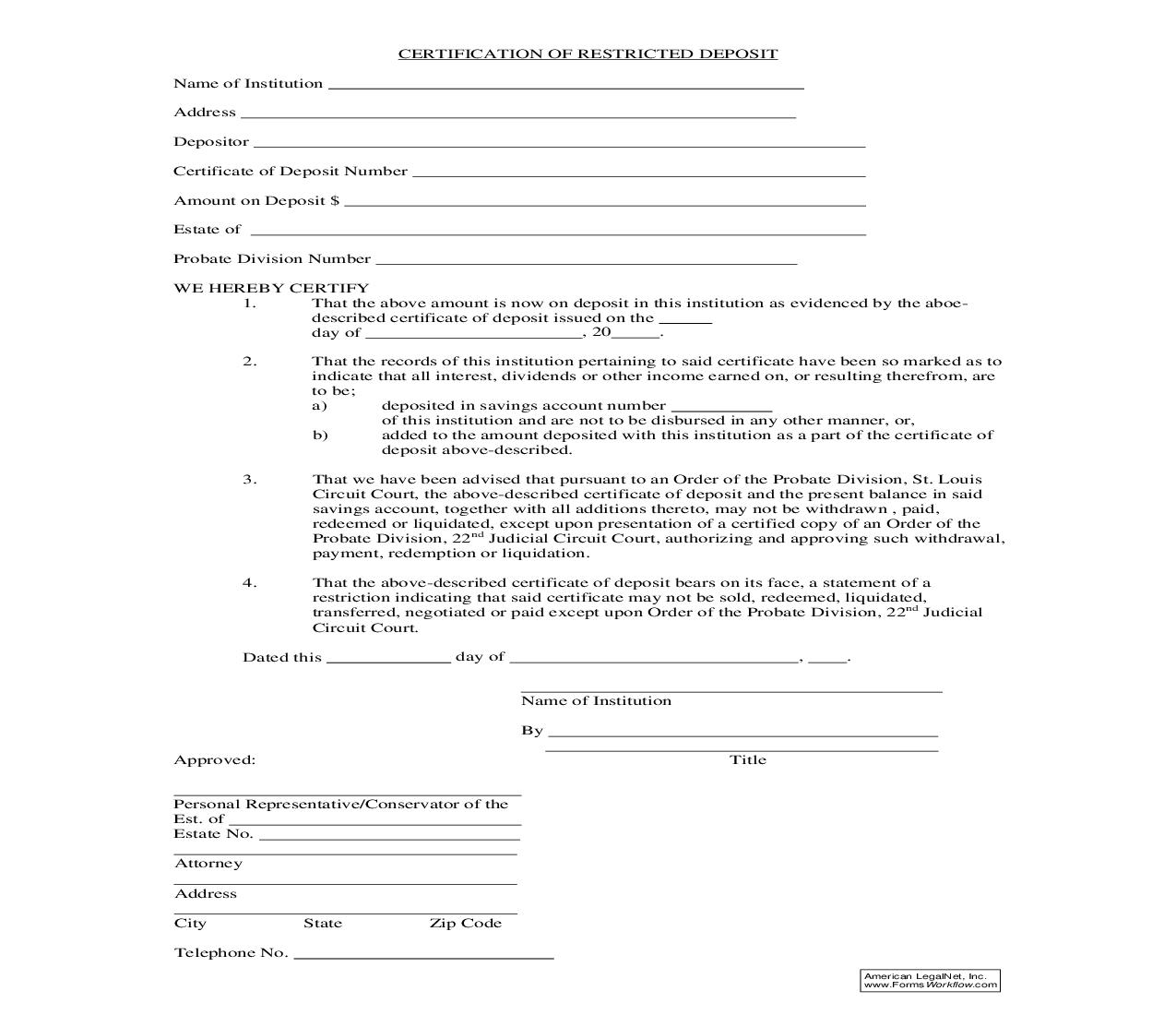 Certification Of Restricted Deposit | Pdf Fpdf Doc Docx | Missouri