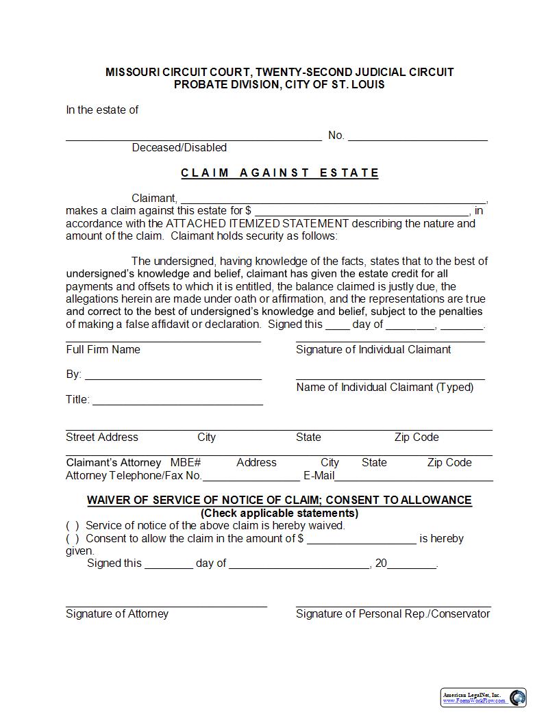 Claim Against Estate | Pdf Fpdf Docx | Missouri