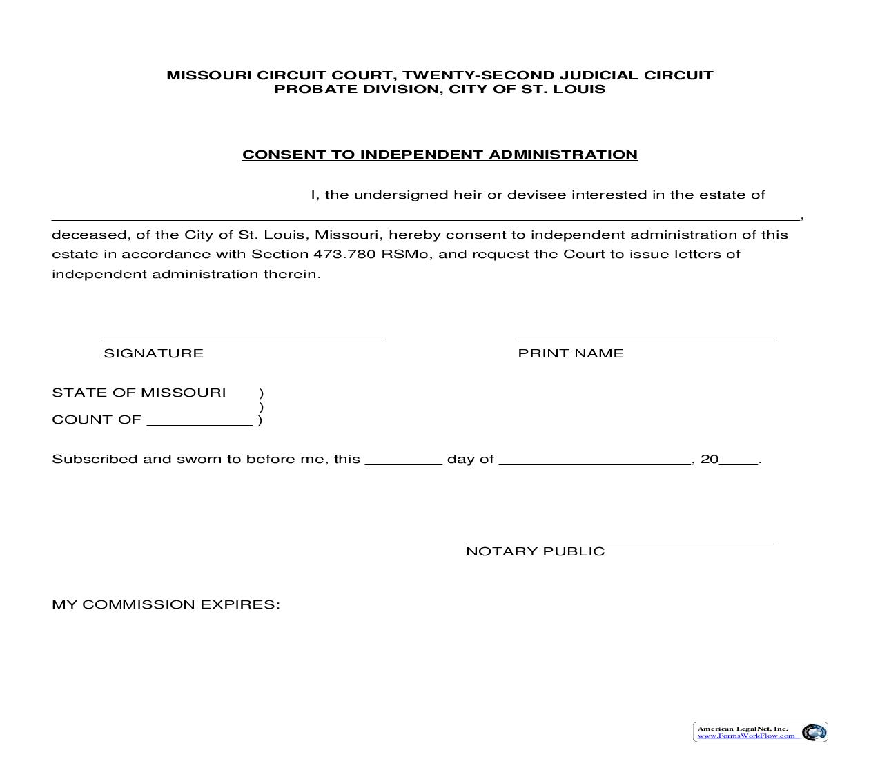 Consent To Independent Administration | Pdf Fpdf Doc Docx | Missouri