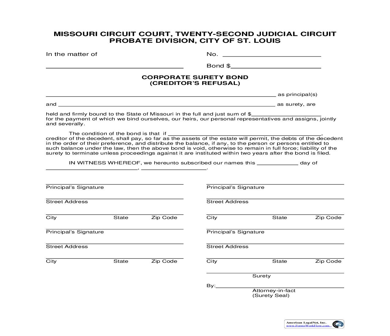 Corporate Surety Bond (Creditors Refusal) | Pdf Fpdf Doc Docx | Missouri