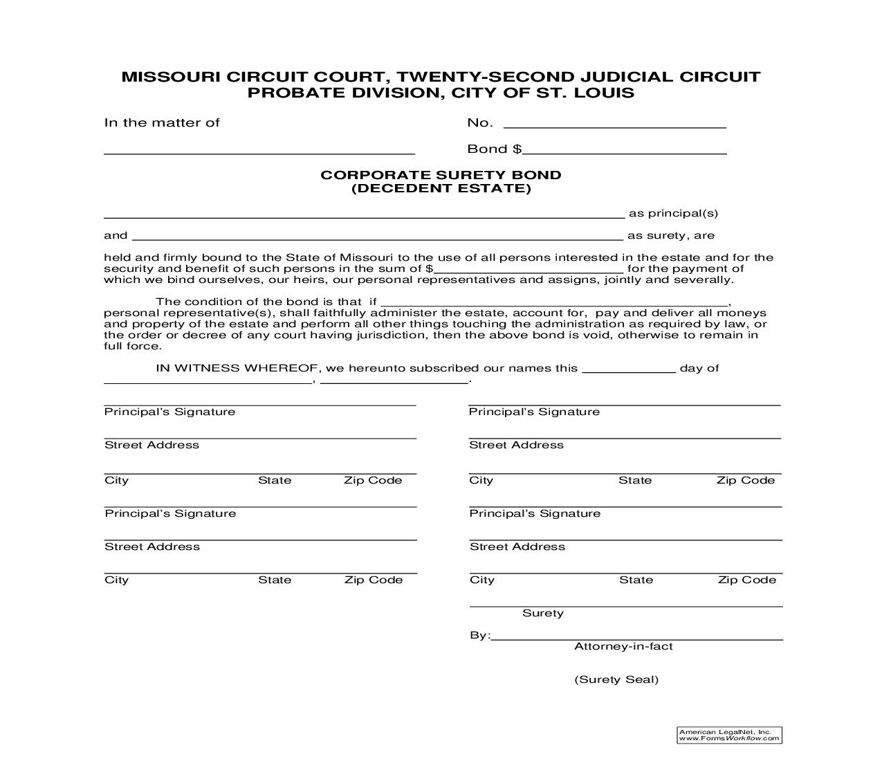 Corporate Surety Bond (Decedent Estate) | Pdf Fpdf Doc Docx | Missouri