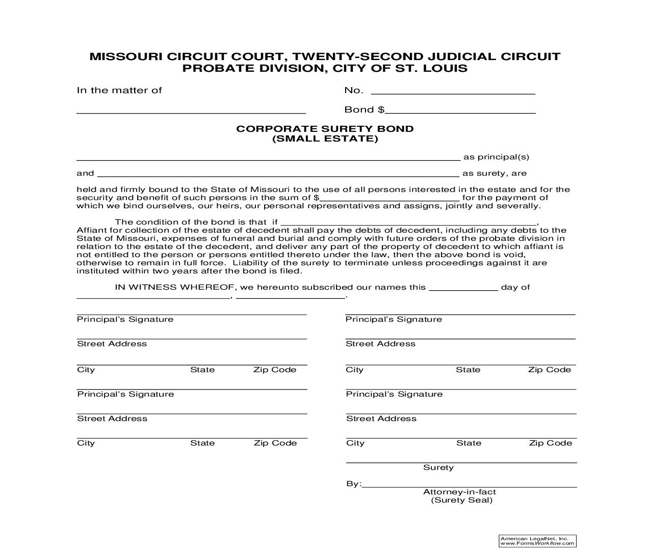 Corporate Surety Bond (Small Estate) | Pdf Fpdf Doc Docx | Missouri