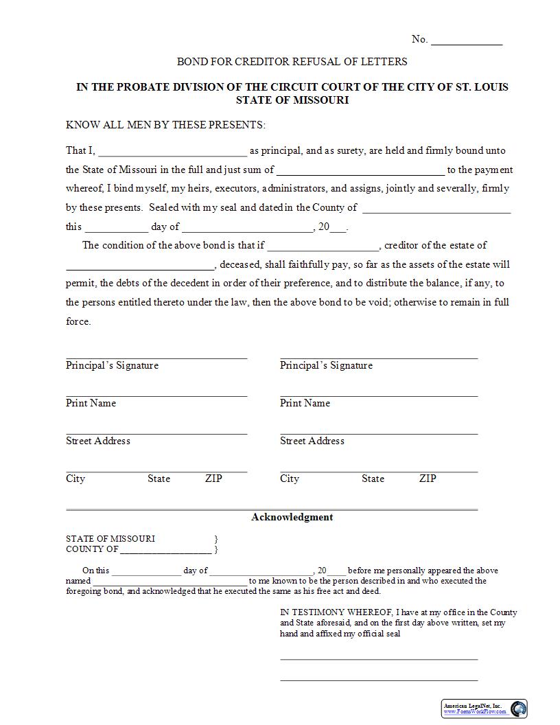 Personal Bond Creditor | Pdf Fpdf Docx | Missouri