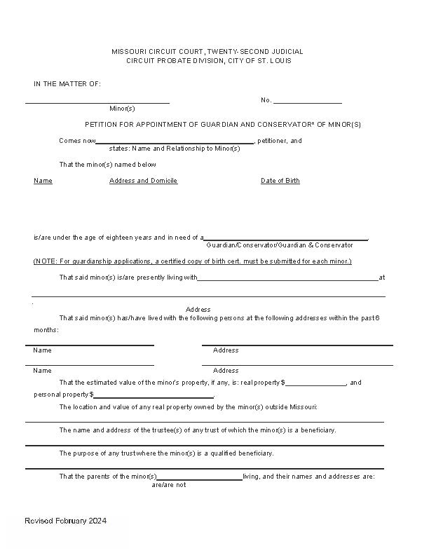 Petition For Appointment Of Guardian And Conservator Of Minor(s) | Pdf Fpdf Docx | Missouri