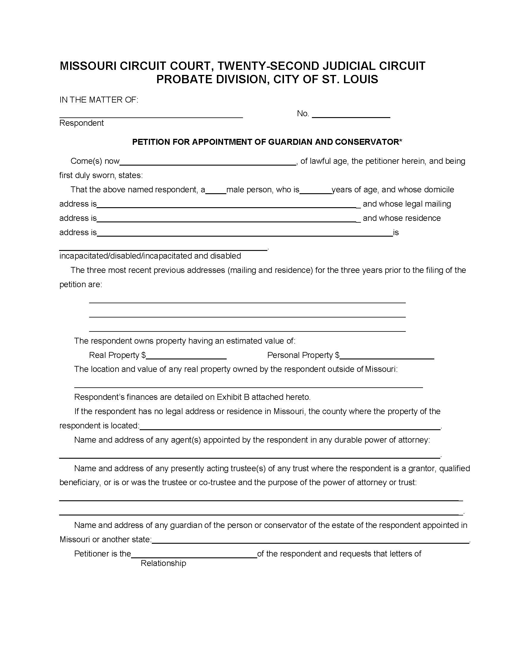 Petition For Appointment Of Guardian And Conservator | Pdf Fpdf Docx | Missouri