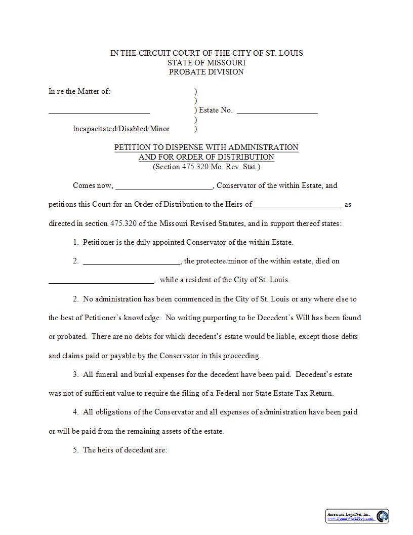Petition To Dispense With Administration | Pdf Fpdf Docx | Missouri