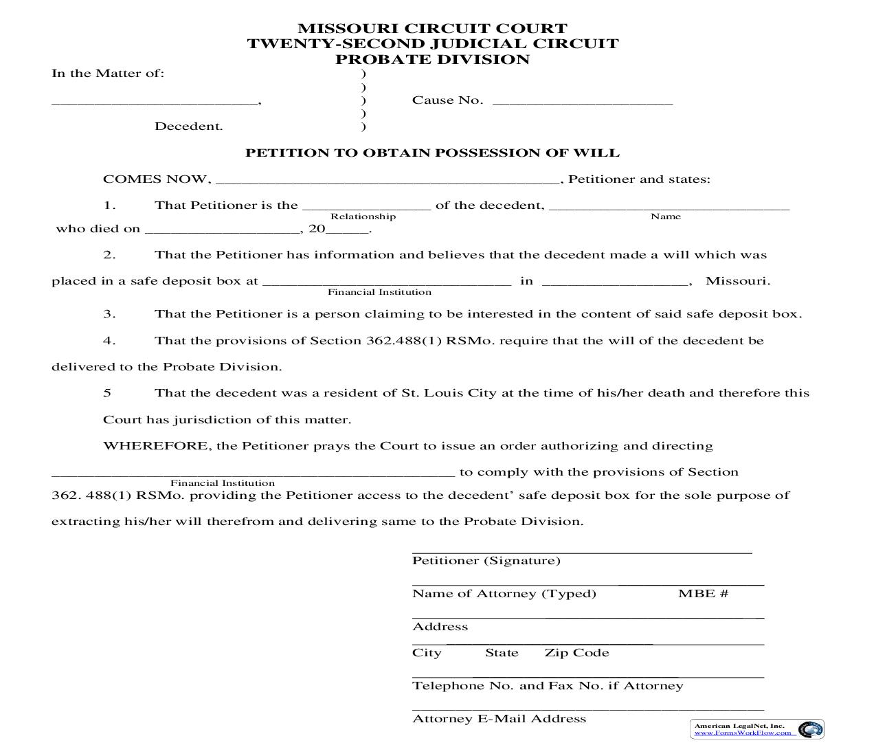 Petition To Obtain Possession Of Will | Pdf Fpdf Doc Docx | Missouri