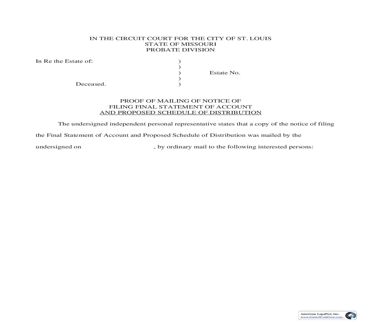 Proof Of Mailing Of Notice Of Statement Of Account And Proposed Schedule Of Distribution | Pdf Fpdf Doc Docx | Missouri