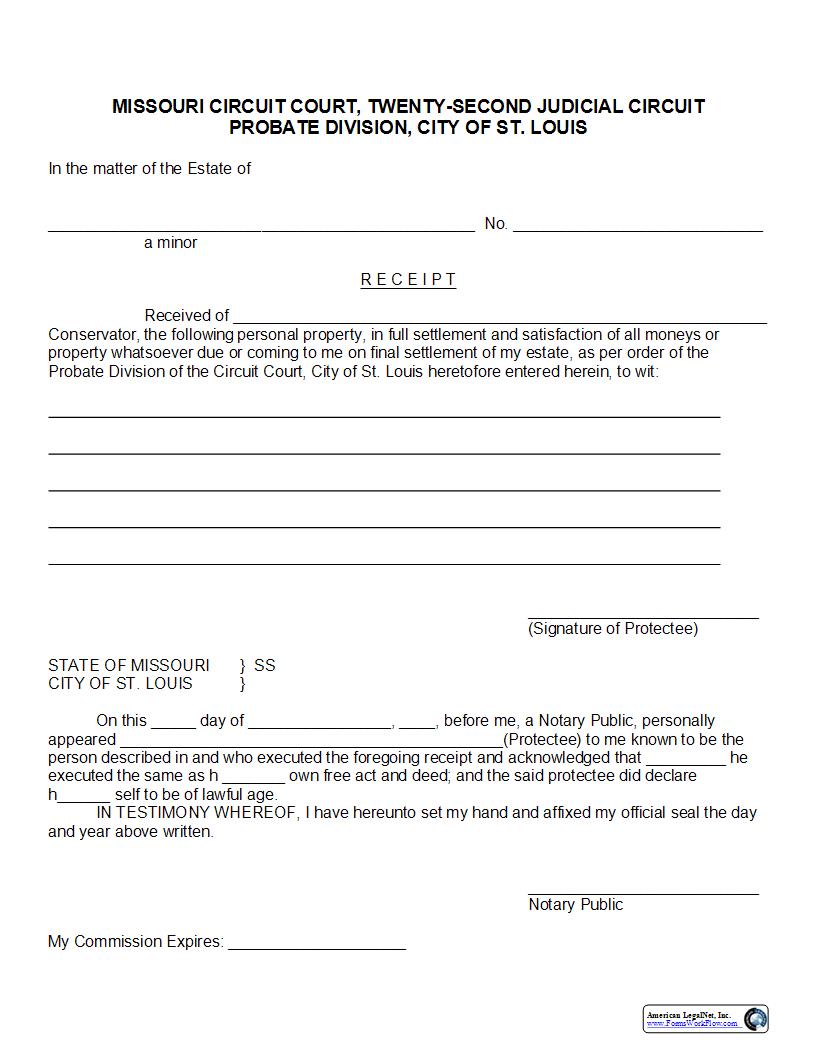 Receipt (Acknowledgment Of Receipt Of Minor) | Pdf Fpdf Docx | Missouri