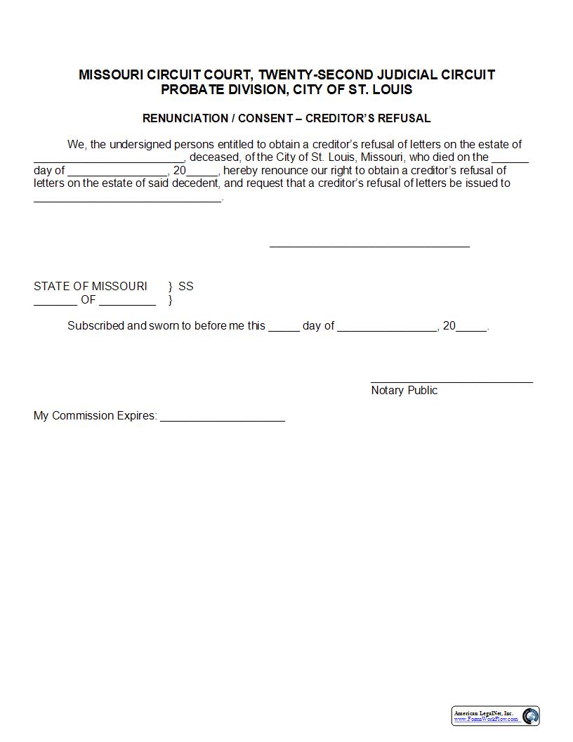 Renunciation-Consent (Creditors Refusal) | Pdf Fpdf Docx | Missouri