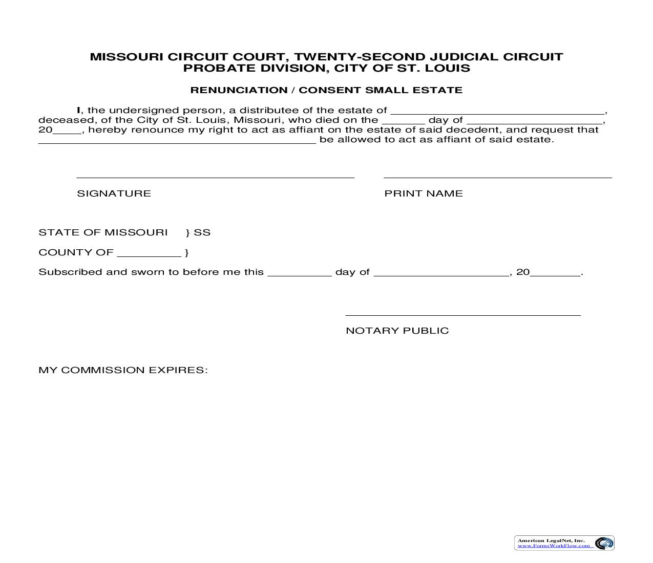 Renunciation-Consent (Small Estate) | Pdf Fpdf Doc Docx | Missouri