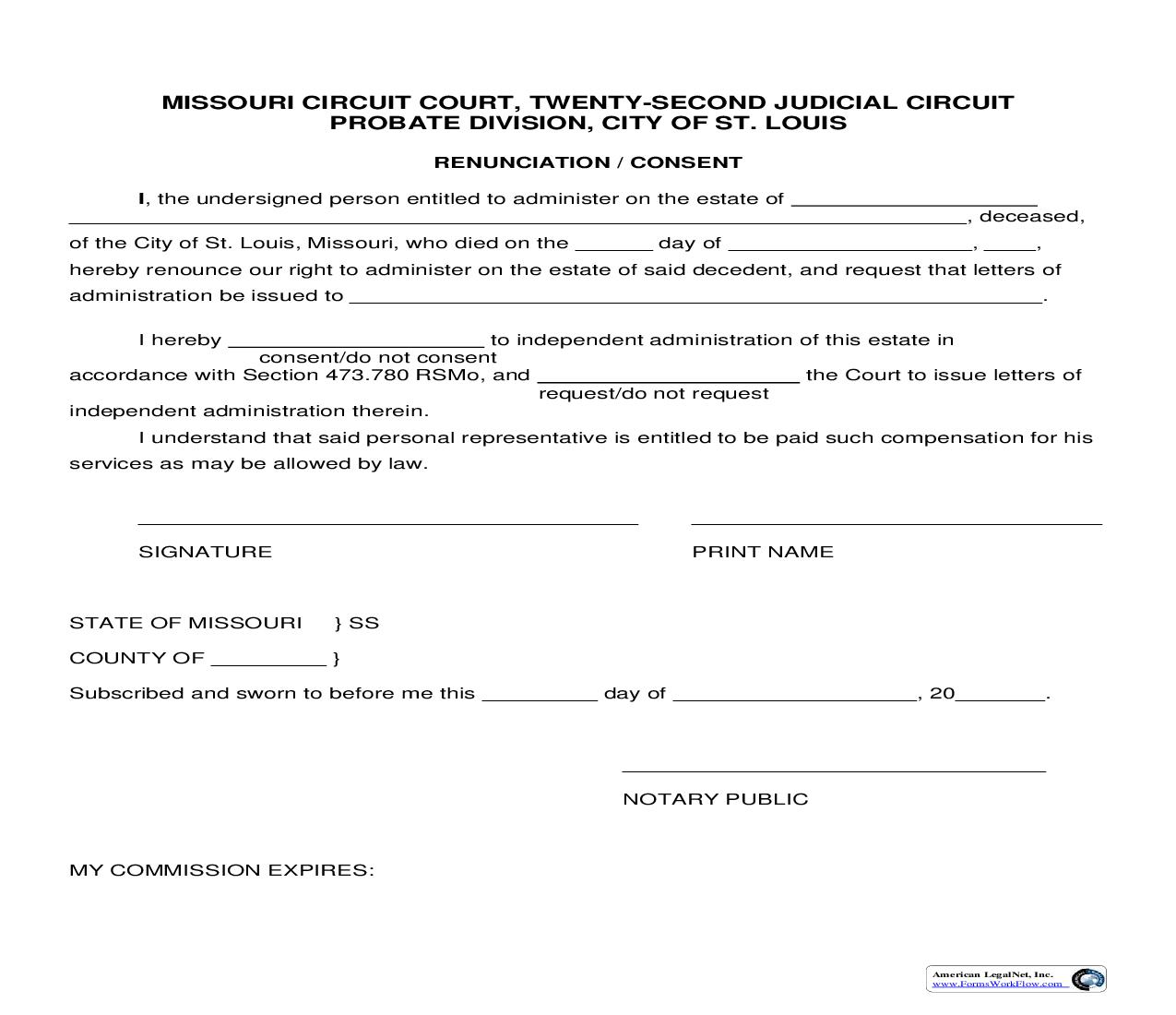 Renunciation-Consent | Pdf Fpdf Doc Docx | Missouri