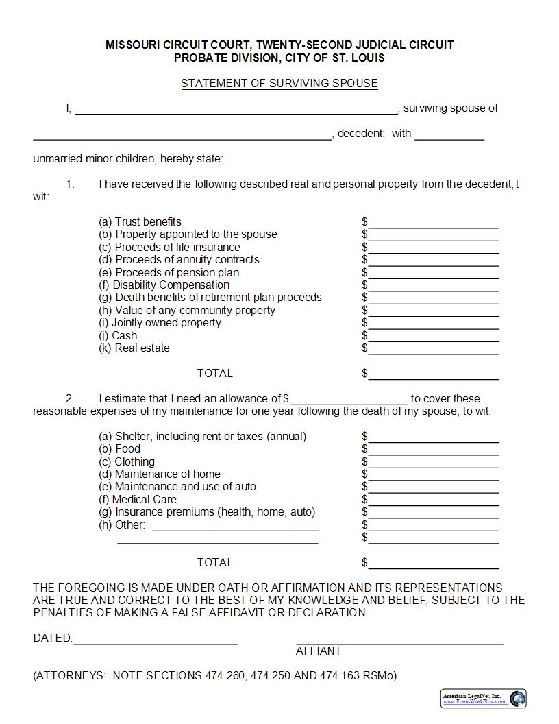 Statement Of Surviving Spouse | Pdf Fpdf Docx | Missouri