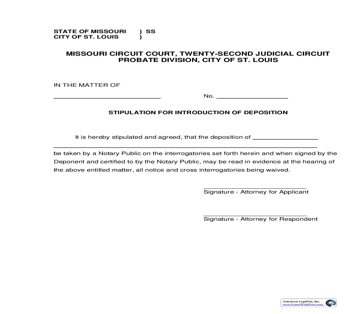 Stipulation For Introduction Of Deposition | Pdf Fpdf Doc Docx | Missouri