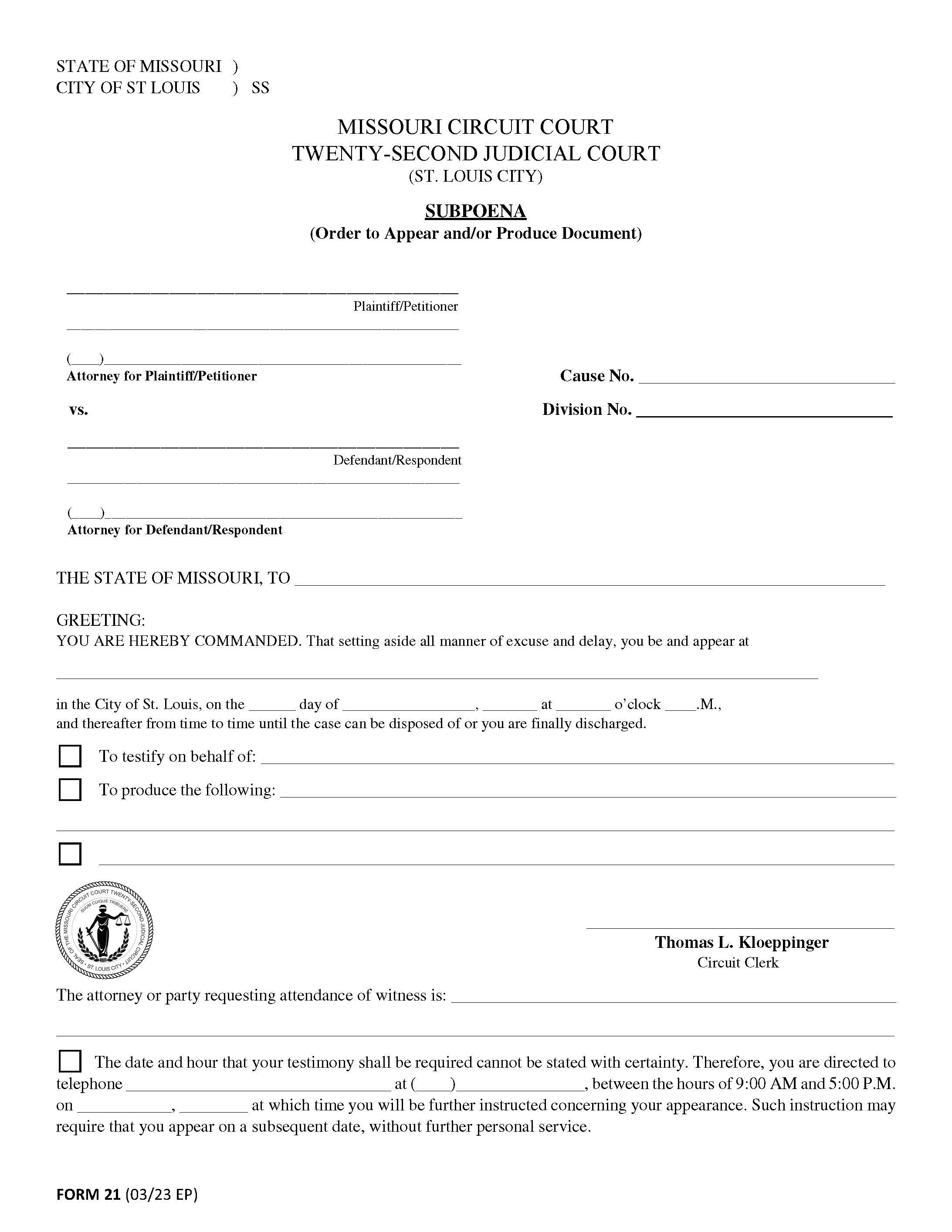 Subpoena | Pdf Fpdf Doc Docx | Missouri