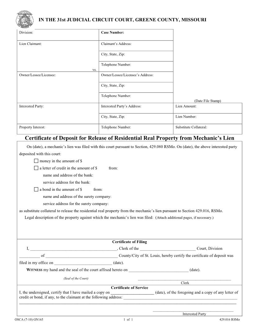 Certificate Of Deposit For Release From Mechanics Lien | Pdf Fpdf Docx | Missouri