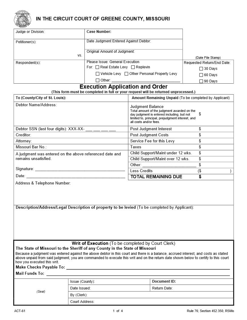 Execution Application And Order {ACT-61} | Pdf Fpdf Docx | Missouri