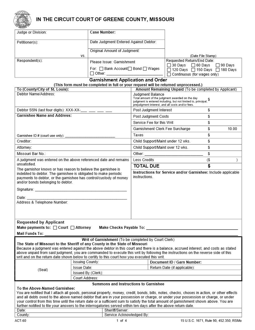 Garnishment Application {ACT-60} | Pdf Fpdf Docx | Missouri