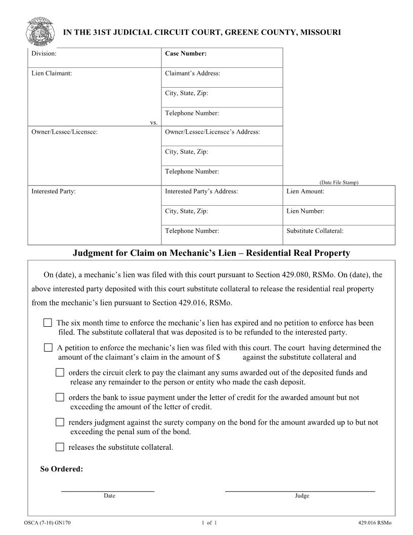 Judgment For Claim On Mechanics Lien | Pdf Fpdf Docx | Missouri