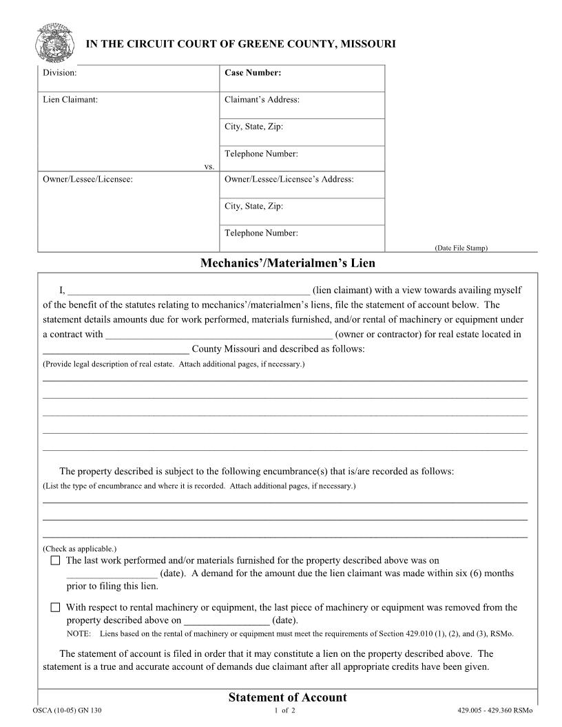Mechanics Lien | Pdf Fpdf Docx | Missouri