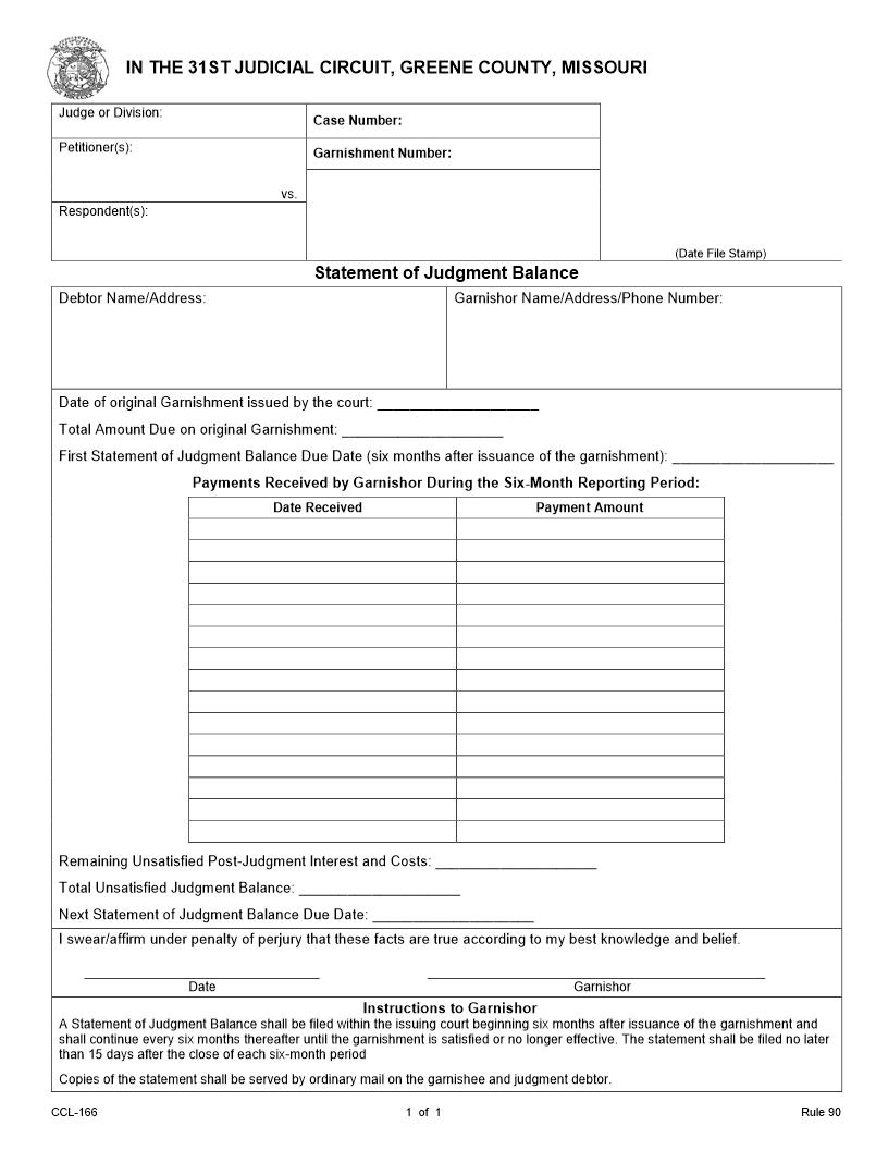 Statement Of Judgment Balance {CCL-166} | Pdf Fpdf Docx | Missouri