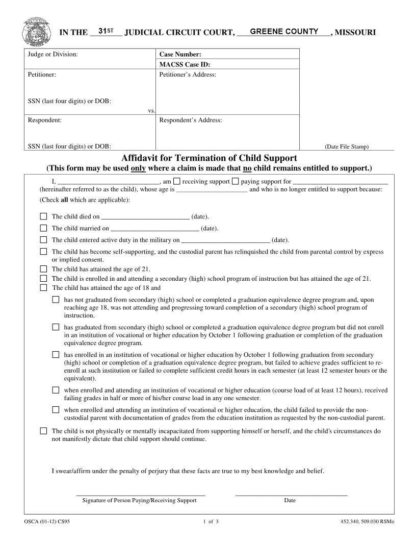 Affidavit For Termination Of Child Support {CS95} | Pdf Fpdf Docx | Missouri
