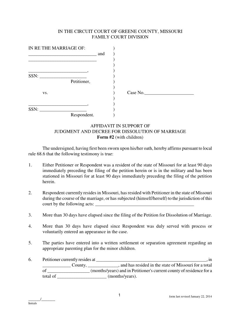 Affidavit In Support Of Judgment For Dissolution With Children | Pdf Fpdf Docx | Missouri