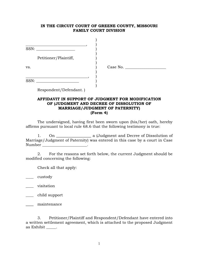 Affidavit In Support Of Judgment For Modification | Pdf Fpdf Docx | Missouri
