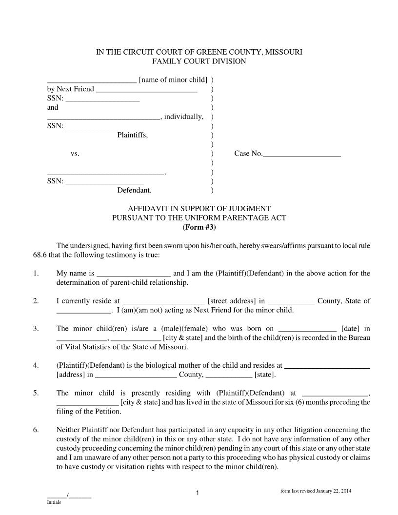 Affidavit In Support Of Judgment Paternity | Pdf Fpdf Docx | Missouri