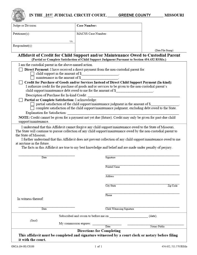 Affidavit Of Credit For Child Support {CS100} | Pdf Fpdf Docx | Missouri