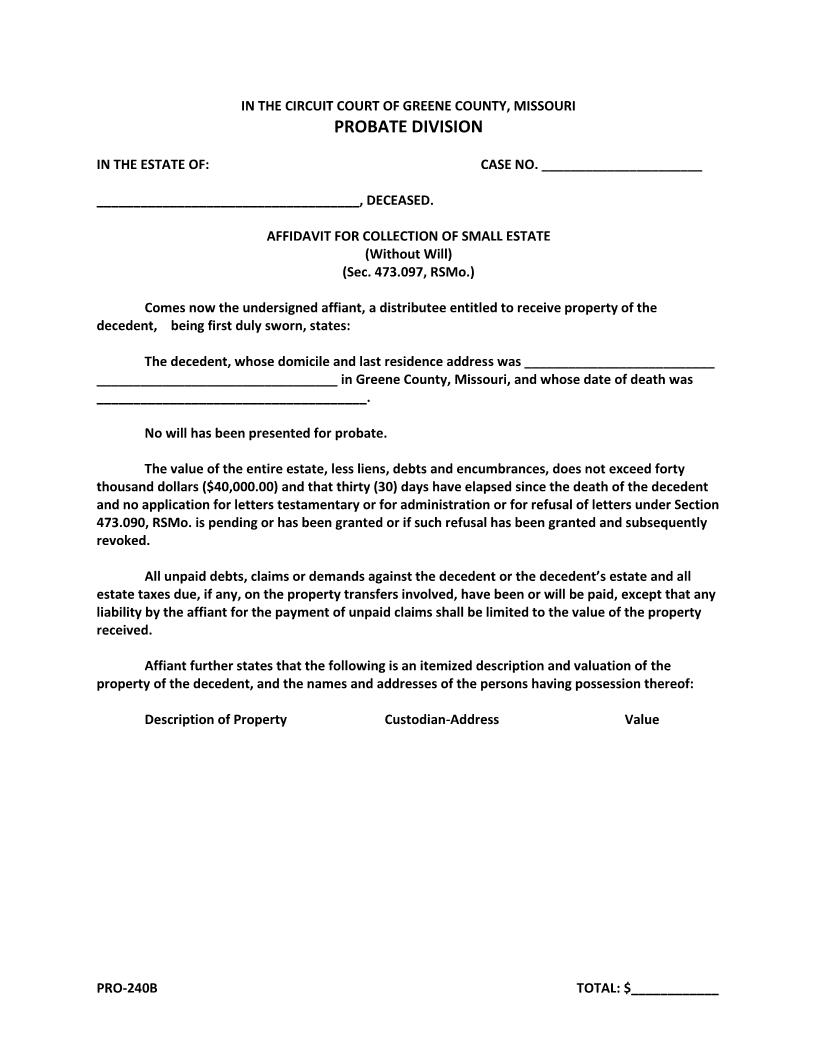 Affidavit For Collection Of Small Estate Intestate {PRO-240B} | Pdf Fpdf Docx | Missouri