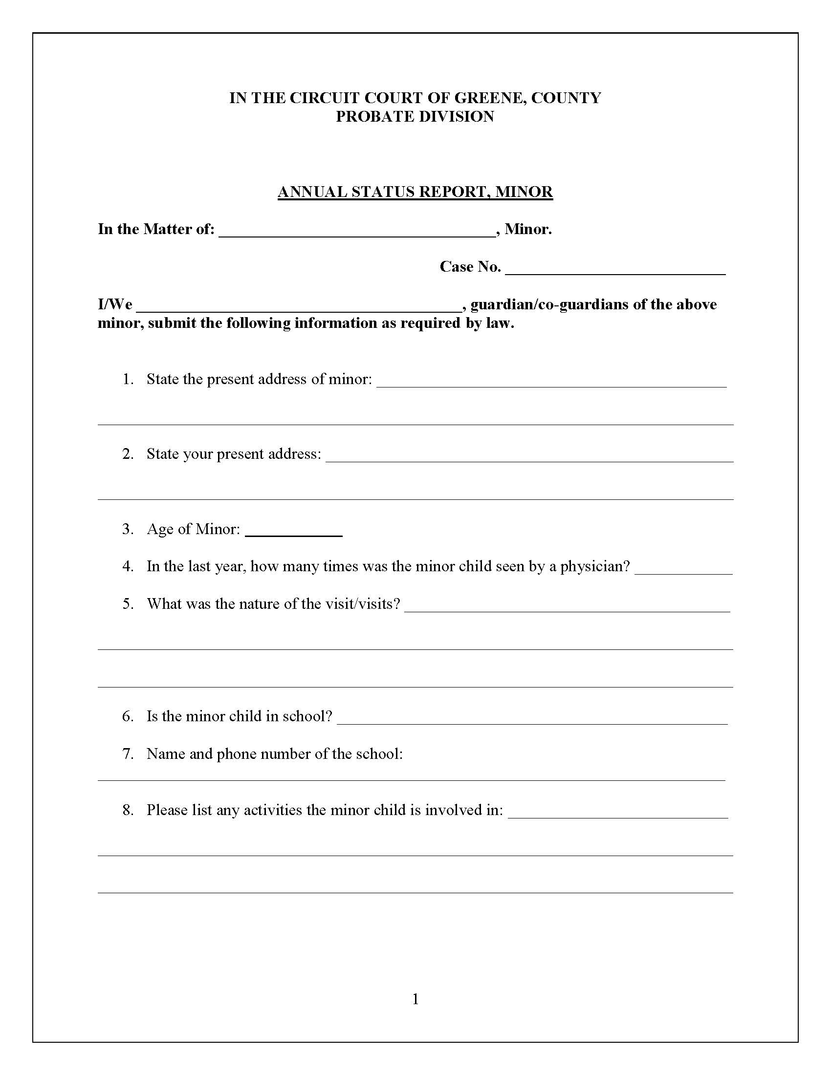 Annual Status Report Of Minor {PC 535} | Pdf Fpdf Docx | Missouri