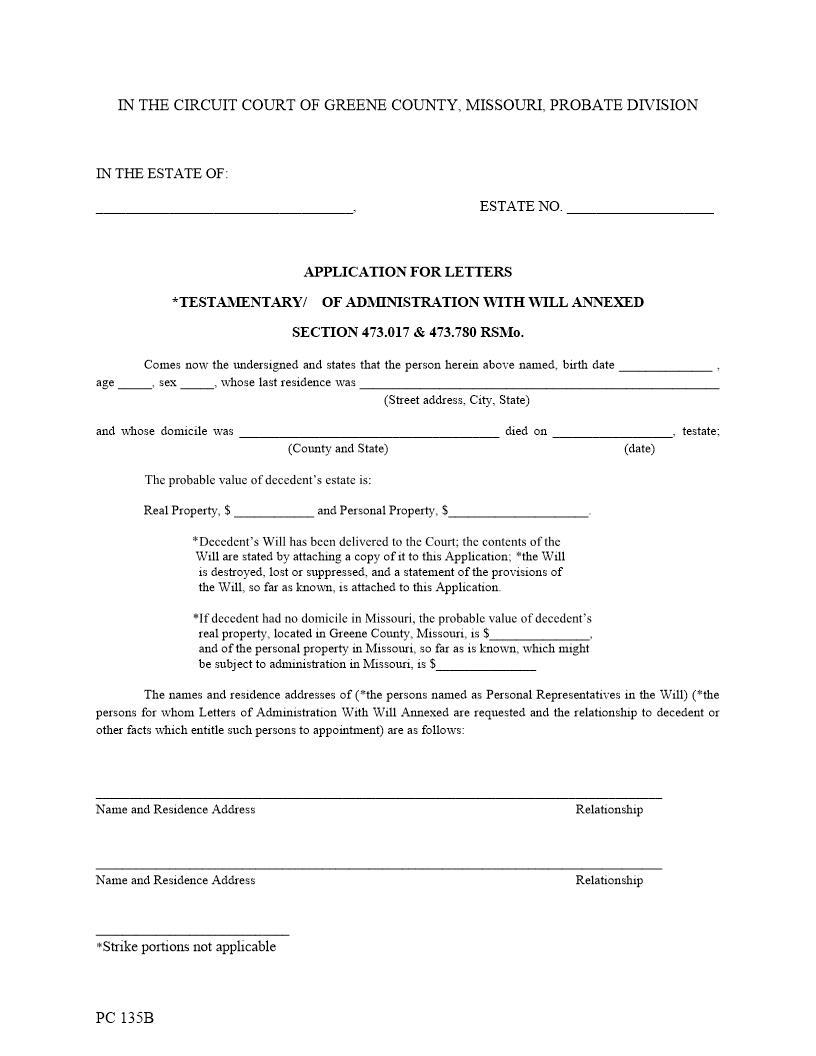 Application For Letters With Will Annexed {PC 135B} | Pdf Fpdf Docx | Missouri