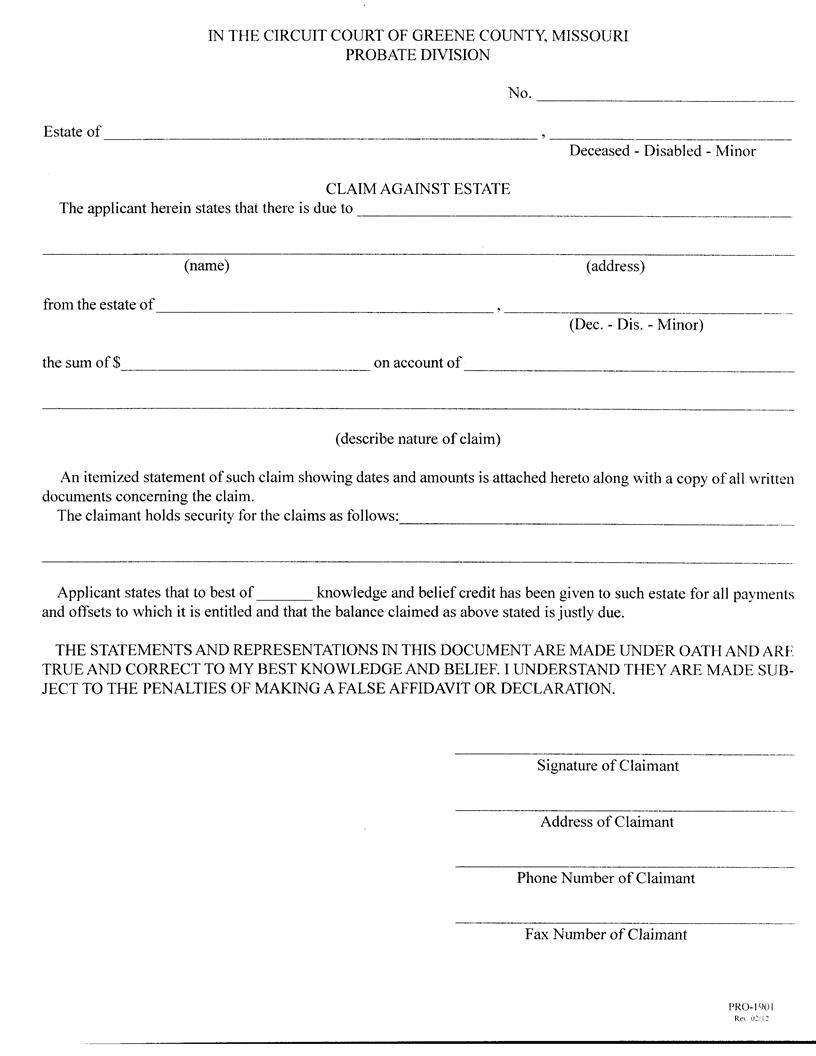 Claim Against Estate {PRO-1901} | Pdf Fpdf Docx | Missouri