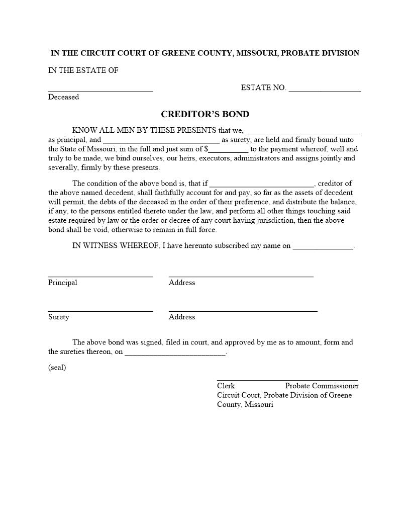 Creditors Bond | Pdf Fpdf Docx | Missouri