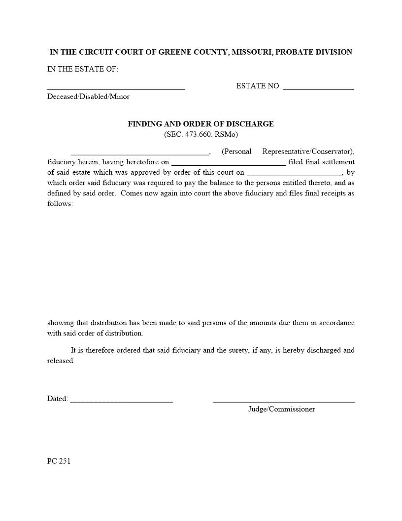 Finding And Order Of Discharge {PC 251} | Pdf Fpdf Docx | Missouri