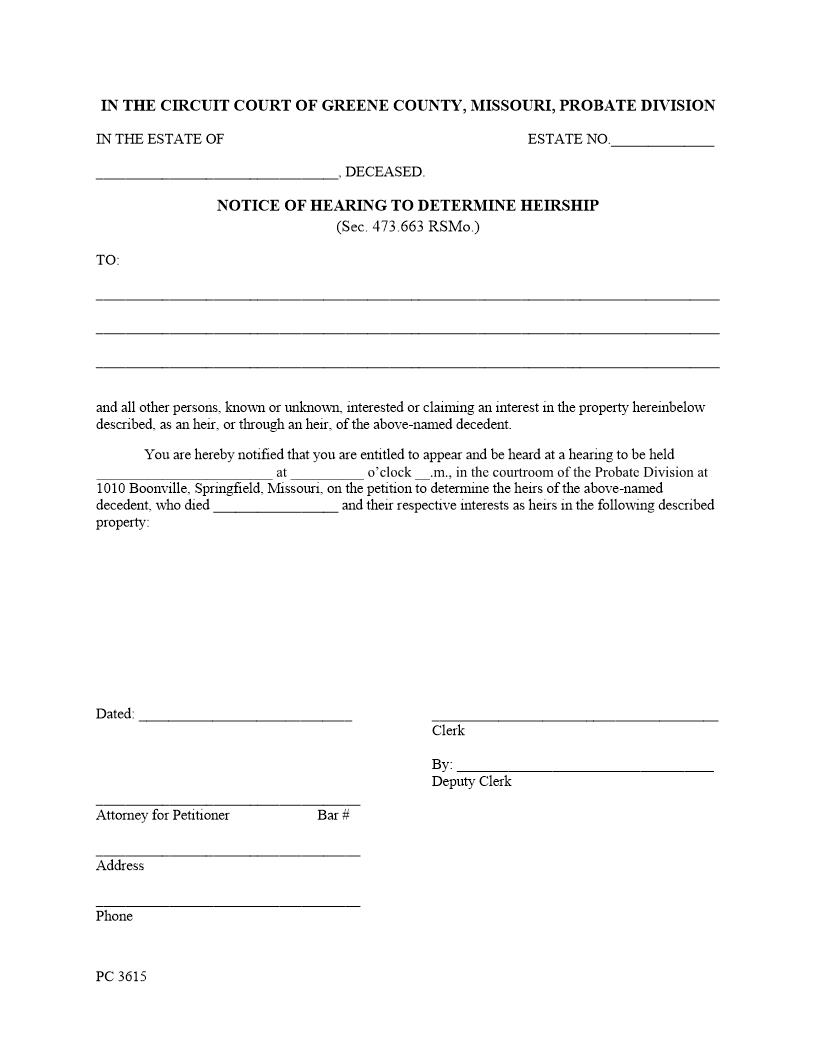 Notice Of Hearing To Determine Heirship {PC 3615} | Pdf Fpdf Docx | Missouri
