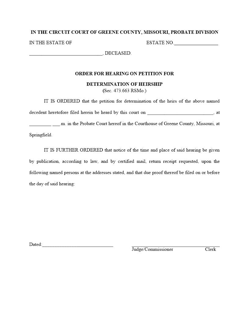 Order For Hearing On Petition For Determination Of Heirship | Pdf Fpdf Docx | Missouri