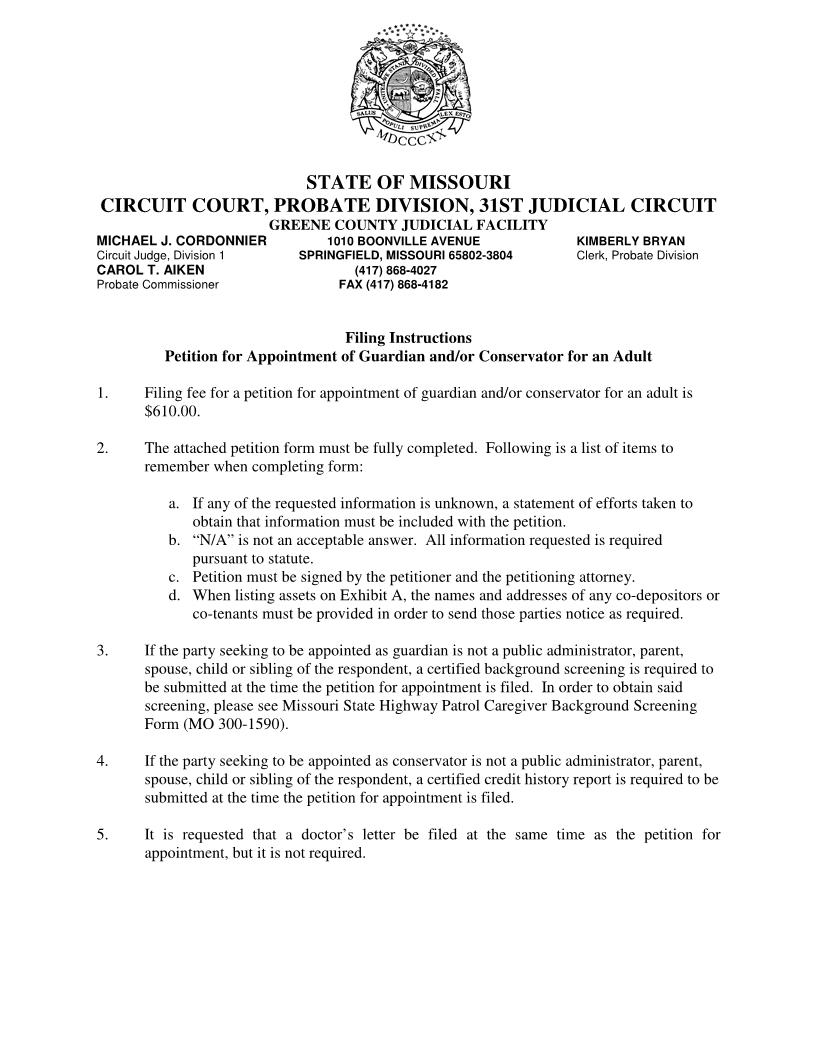 Petition For Appointment Of Guardian Or Conservator {PC 500} | Pdf Fpdf Docx | Missouri
