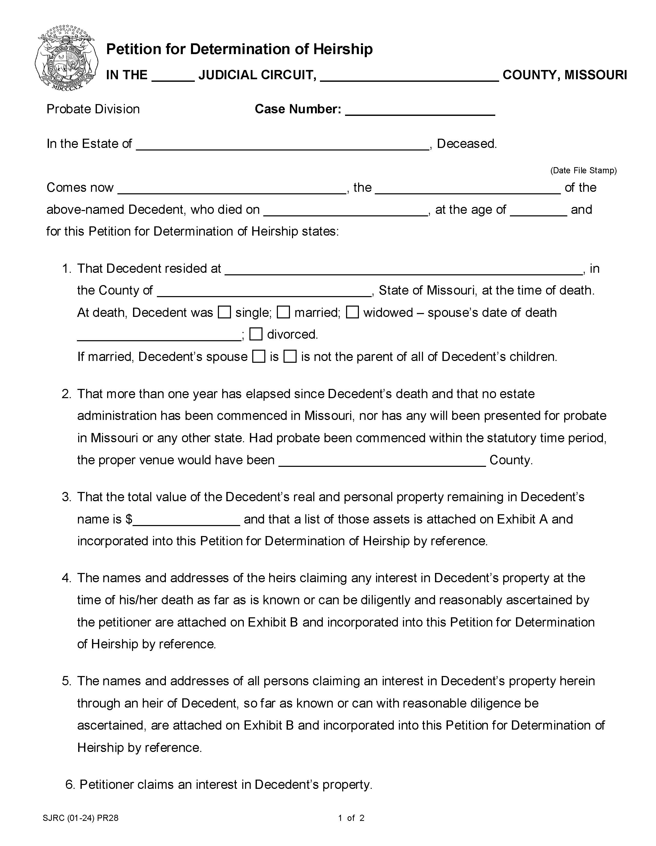 Petition For Determination Of Heirship {PC 902} | Pdf Fpdf Docx | Missouri