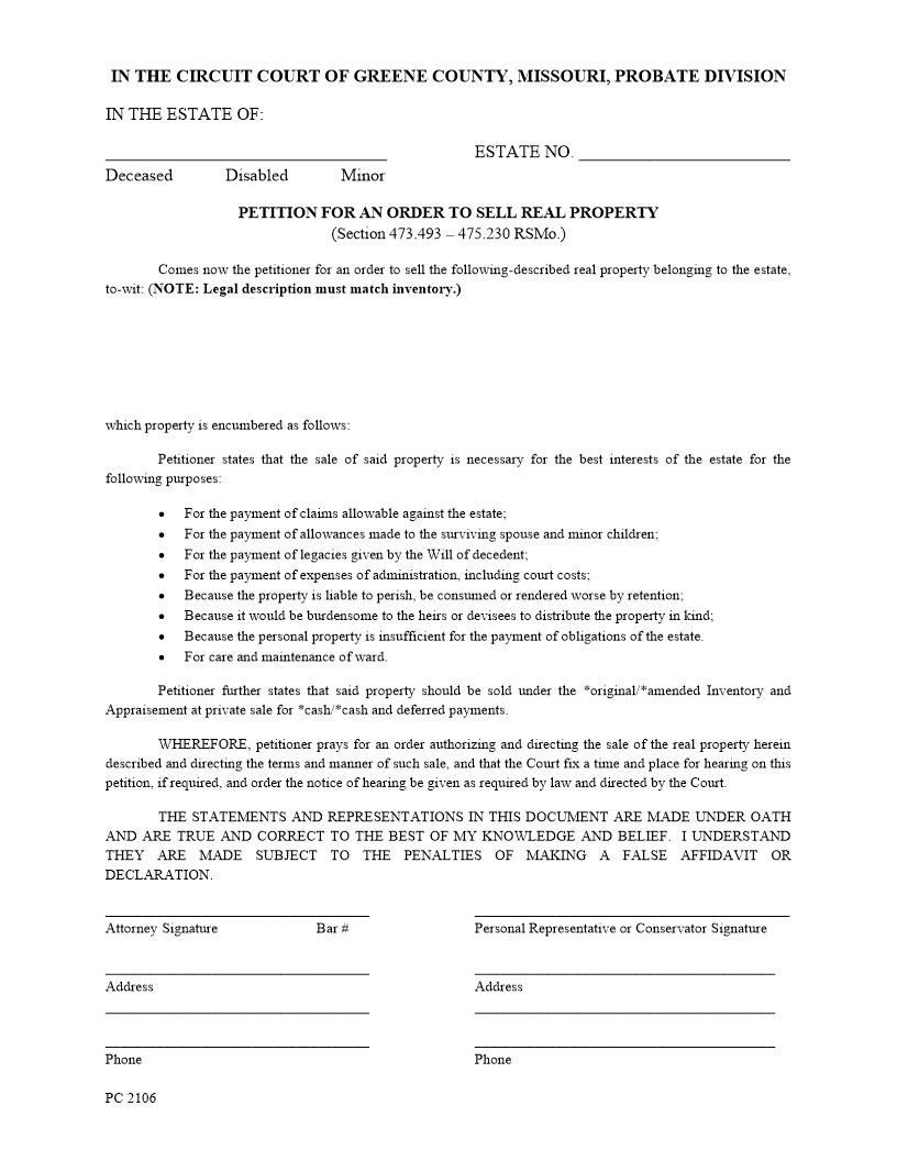 Petition For Order To Sell Real Property {PC 2106} | Pdf Fpdf Docx | Missouri