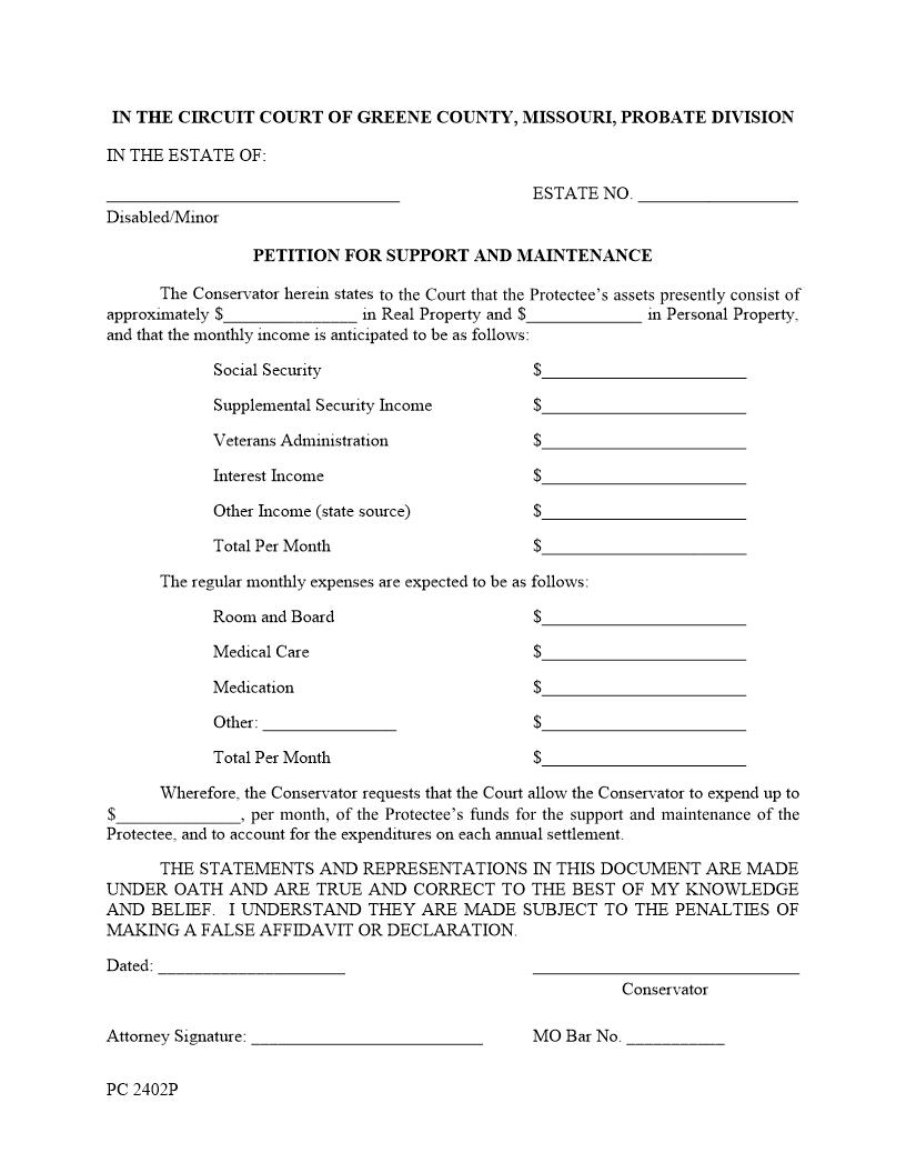 Petition For Support And Maintenance {PC 2402P} | Pdf Fpdf Docx | Missouri