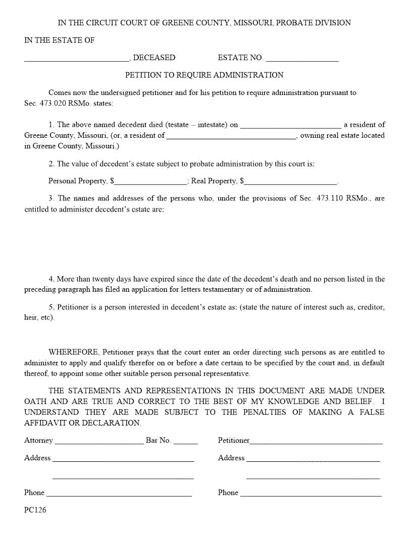 Petition To Require Administration {PC 126} | Pdf Fpdf Docx | Missouri