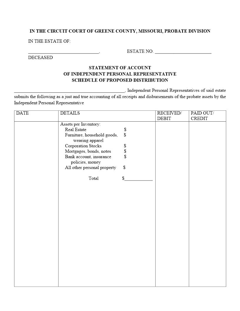 Statement Of Account Of Independent Personal Representative | Pdf Fpdf Docx | Missouri