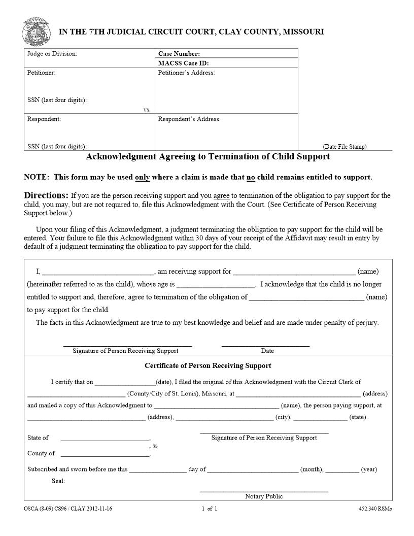Acknowlegment Agreeing To Termination Of Child Support {CS96} | Pdf Fpdf Docx | Missouri