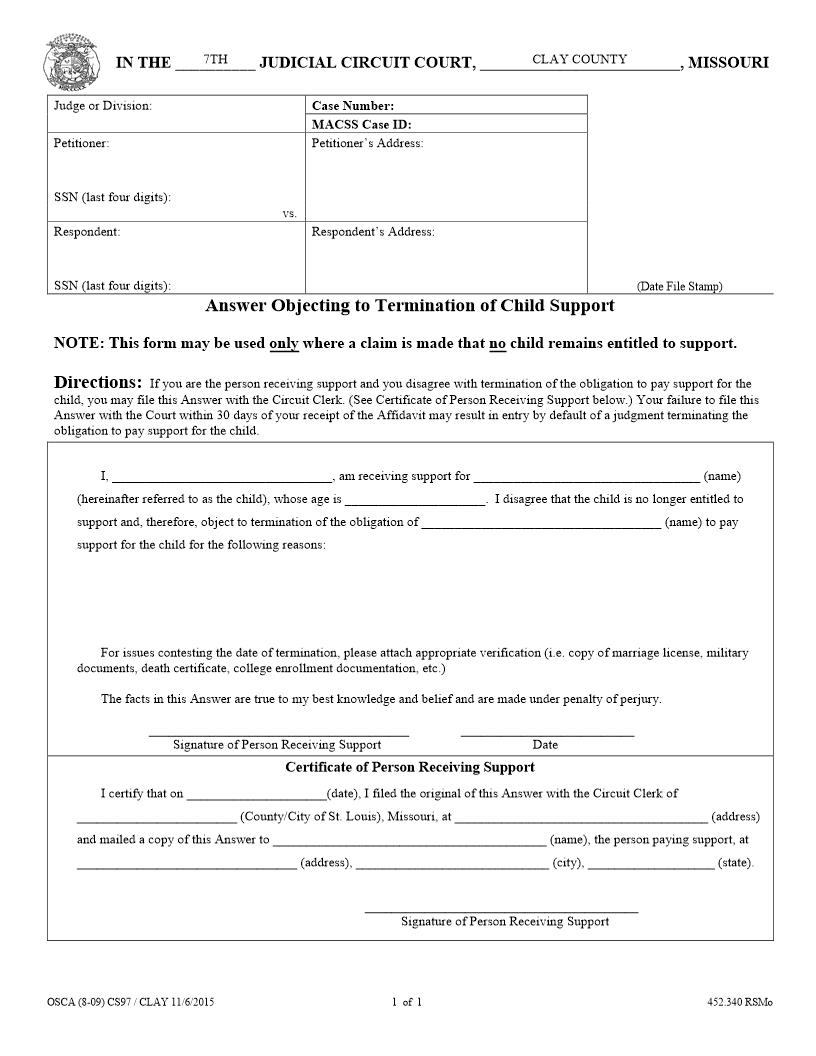 Answer Objecting To Termination Of Child Support {CS97} | Pdf Fpdf Docx | Missouri