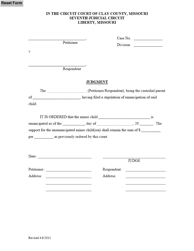 Order On Emancipation | Pdf Fpdf Docx | Missouri