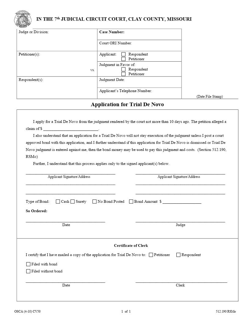 Application For Trial-De-Novo {CV50} | Pdf Fpdf Docx | Missouri